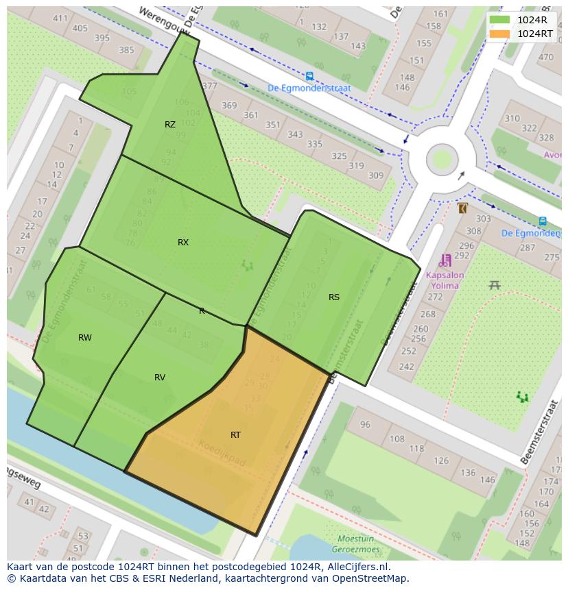 Afbeelding van het postcodegebied 1024 RT op de kaart.