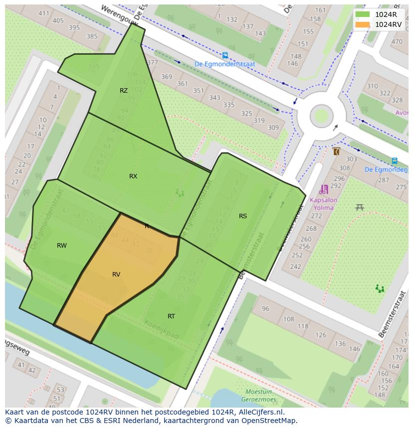 Afbeelding van het postcodegebied 1024 RV op de kaart.