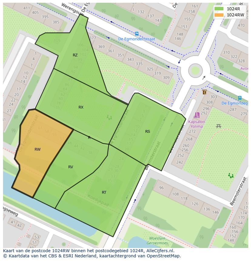 Afbeelding van het postcodegebied 1024 RW op de kaart.