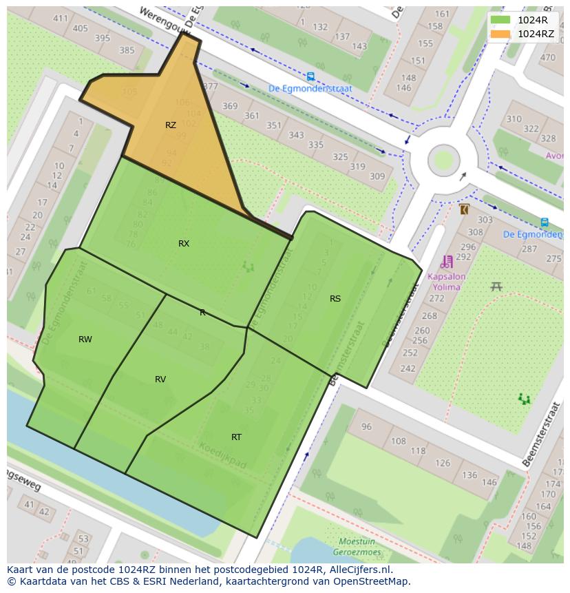 Afbeelding van het postcodegebied 1024 RZ op de kaart.