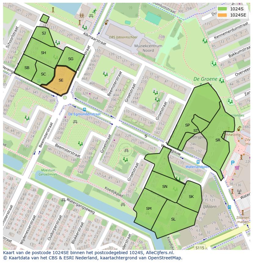 Afbeelding van het postcodegebied 1024 SE op de kaart.