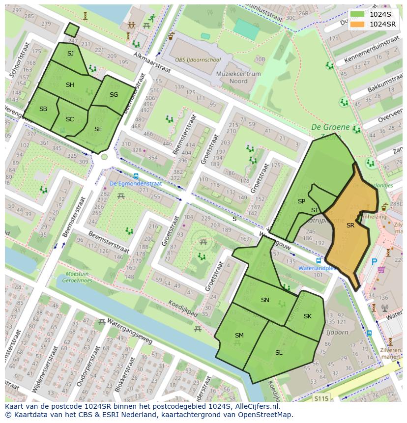 Afbeelding van het postcodegebied 1024 SR op de kaart.