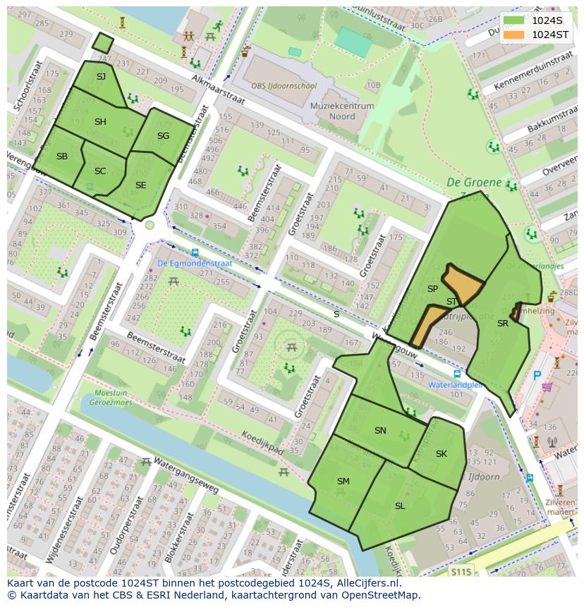 Afbeelding van het postcodegebied 1024 ST op de kaart.