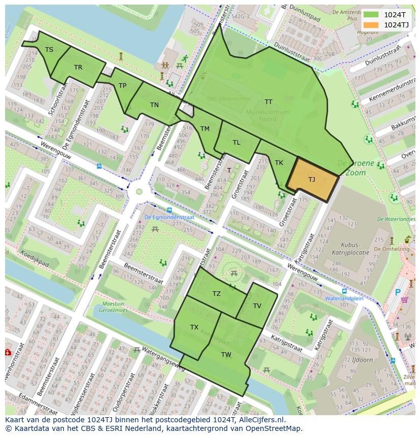Afbeelding van het postcodegebied 1024 TJ op de kaart.