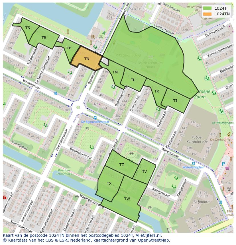 Afbeelding van het postcodegebied 1024 TN op de kaart.