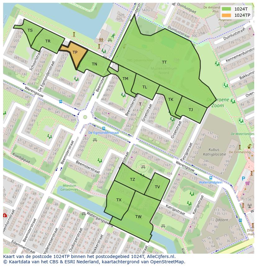 Afbeelding van het postcodegebied 1024 TP op de kaart.