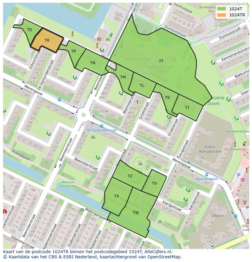 Afbeelding van het postcodegebied 1024 TR op de kaart.