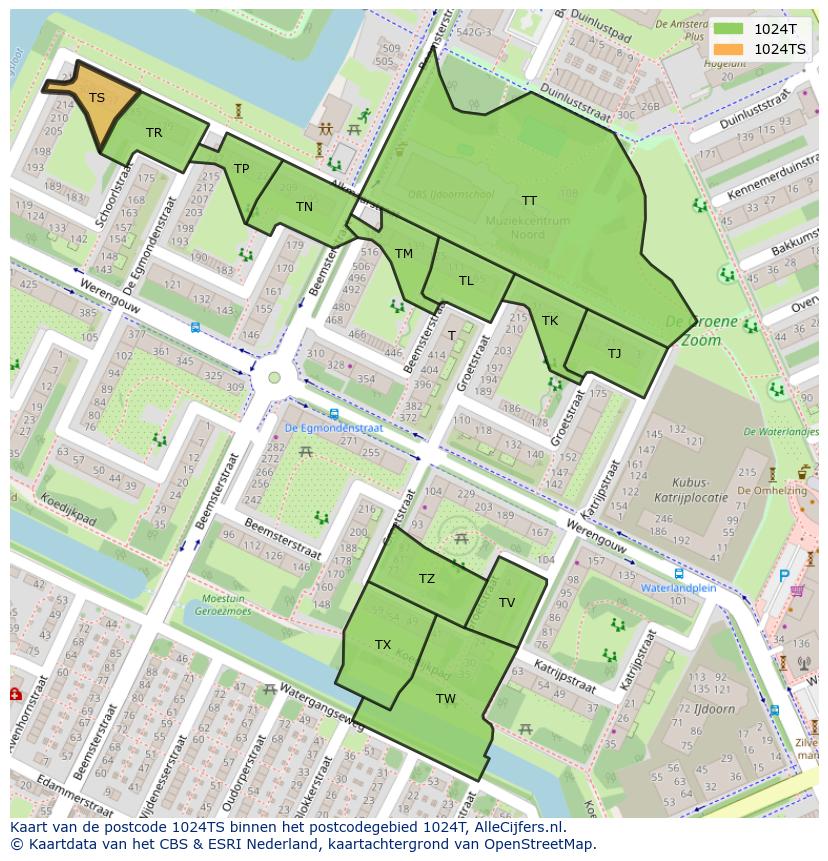 Afbeelding van het postcodegebied 1024 TS op de kaart.