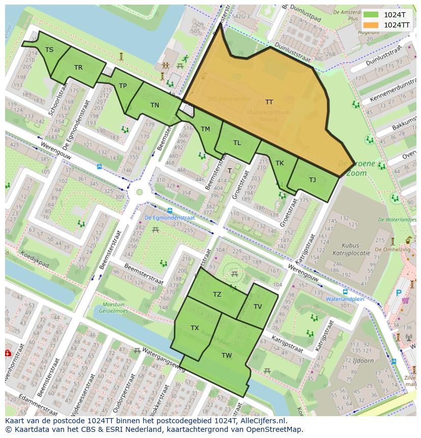Afbeelding van het postcodegebied 1024 TT op de kaart.
