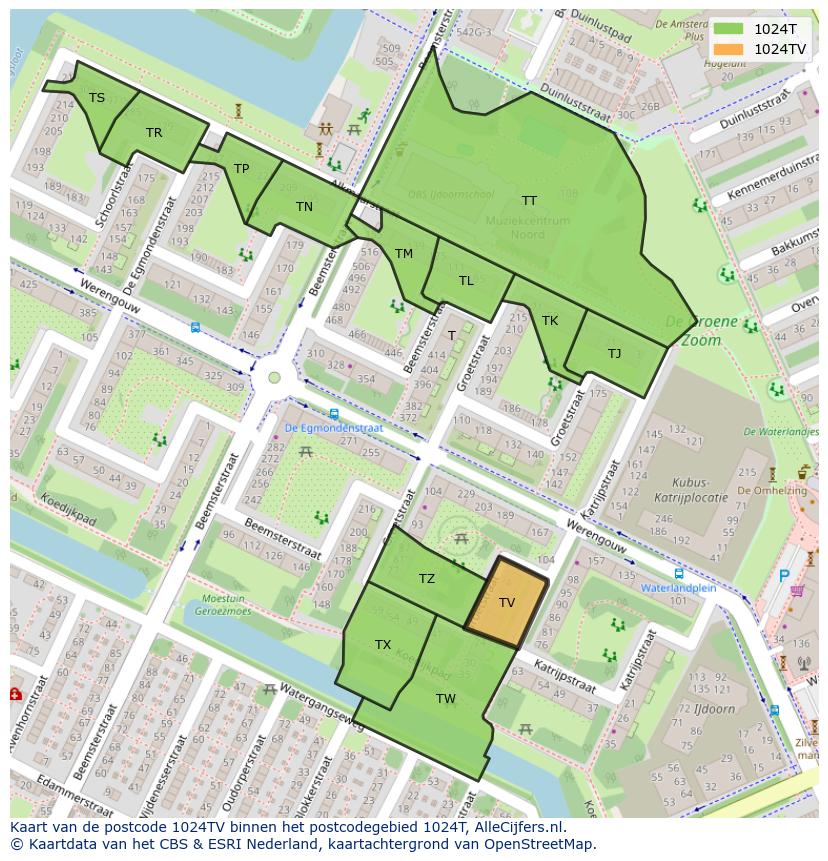 Afbeelding van het postcodegebied 1024 TV op de kaart.