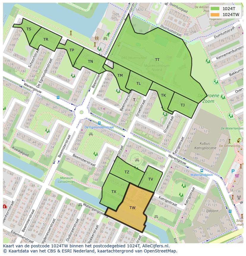 Afbeelding van het postcodegebied 1024 TW op de kaart.