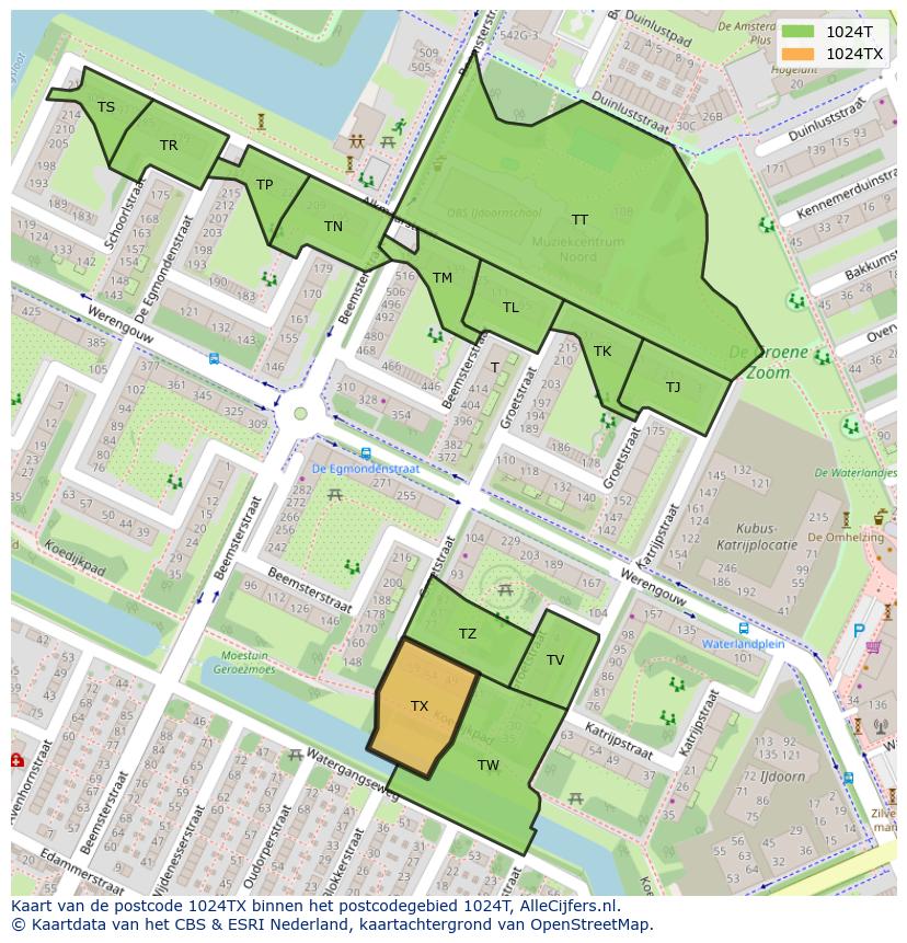 Afbeelding van het postcodegebied 1024 TX op de kaart.