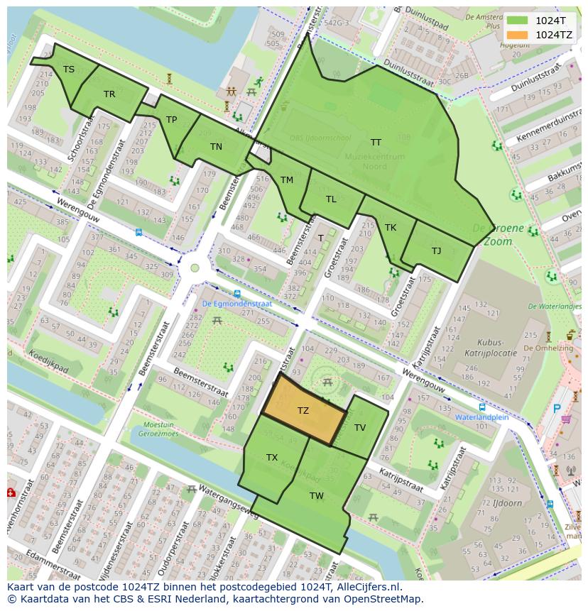 Afbeelding van het postcodegebied 1024 TZ op de kaart.