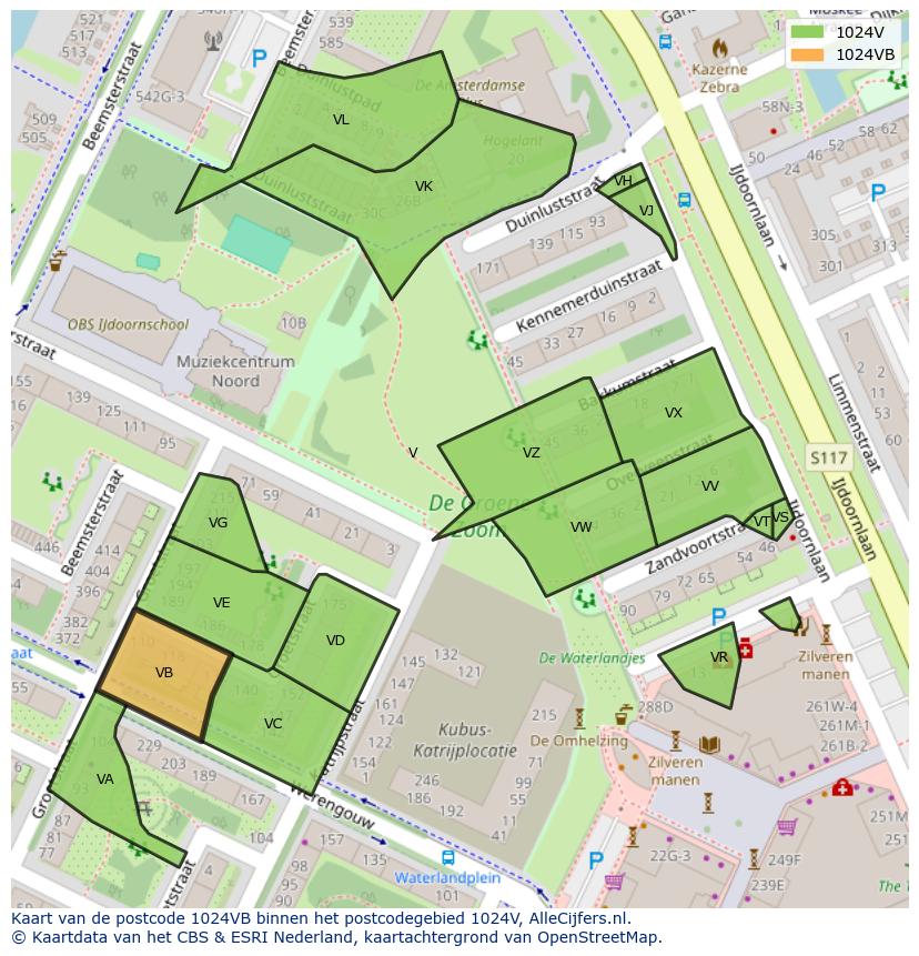 Afbeelding van het postcodegebied 1024 VB op de kaart.