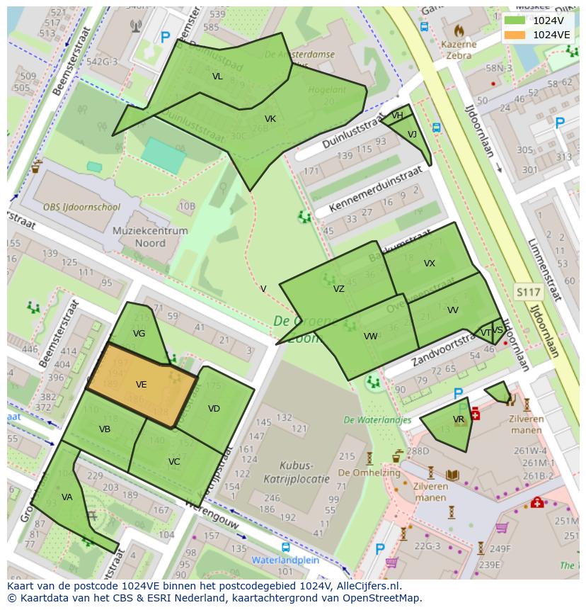 Afbeelding van het postcodegebied 1024 VE op de kaart.