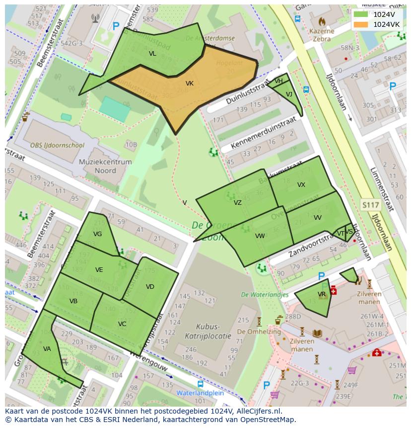 Afbeelding van het postcodegebied 1024 VK op de kaart.