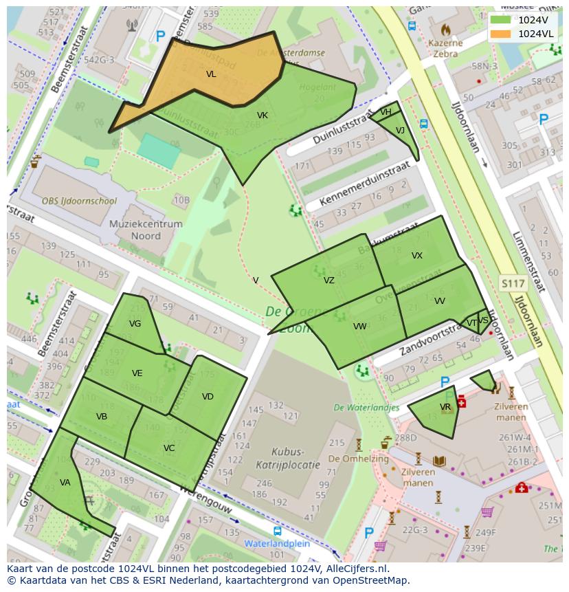 Afbeelding van het postcodegebied 1024 VL op de kaart.