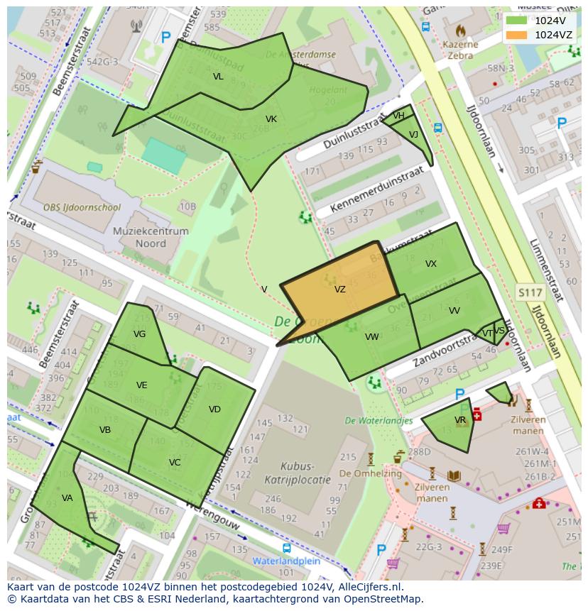Afbeelding van het postcodegebied 1024 VZ op de kaart.