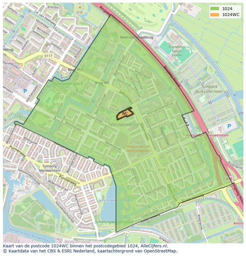 Afbeelding van het postcodegebied 1024 WC op de kaart.