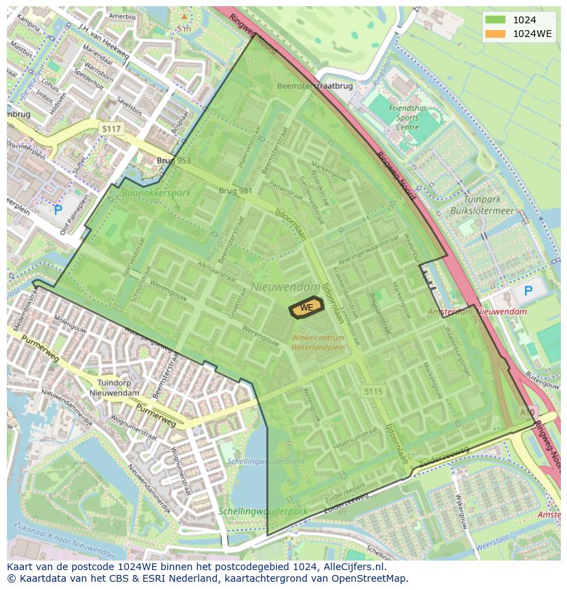 Afbeelding van het postcodegebied 1024 WE op de kaart.