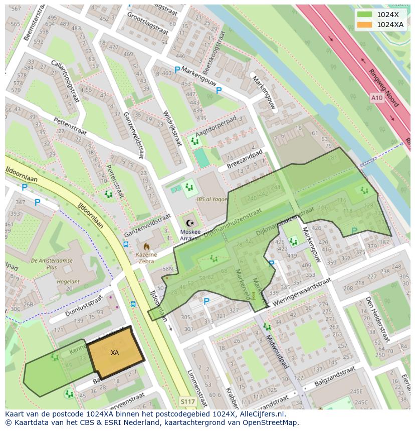 Afbeelding van het postcodegebied 1024 XA op de kaart.