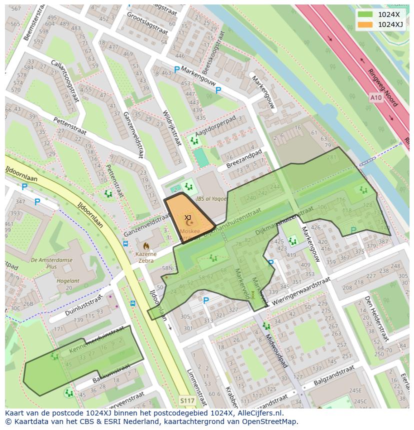 Afbeelding van het postcodegebied 1024 XJ op de kaart.