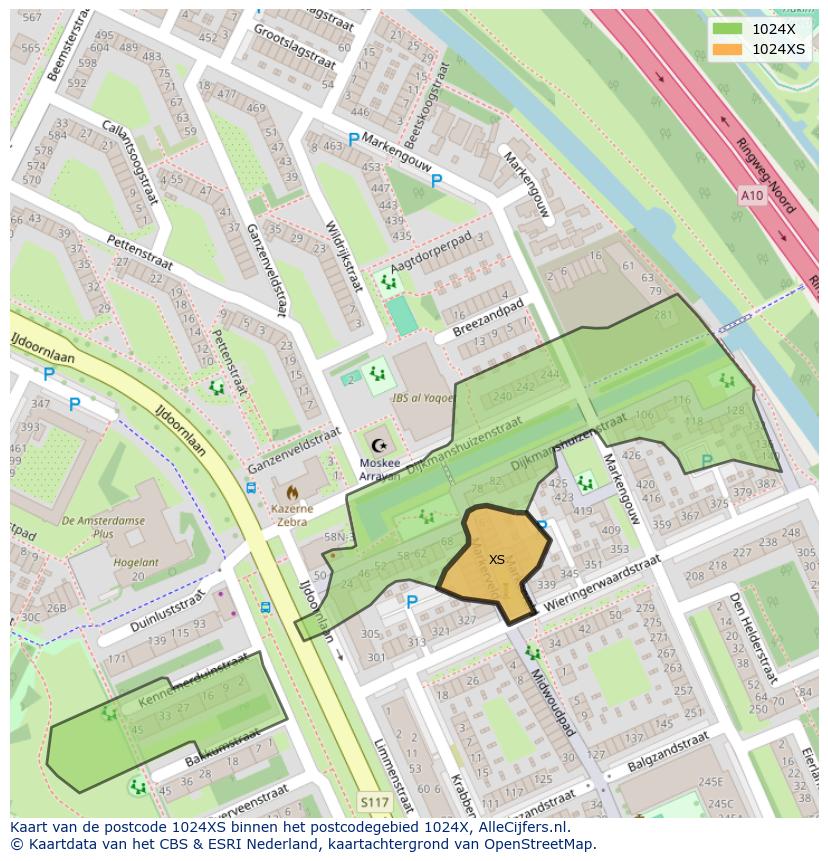 Afbeelding van het postcodegebied 1024 XS op de kaart.