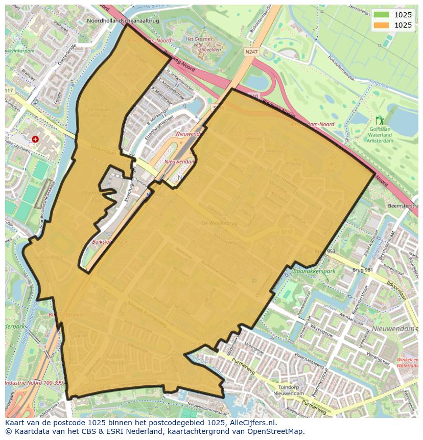 Afbeelding van het postcodegebied 1025 op de kaart.