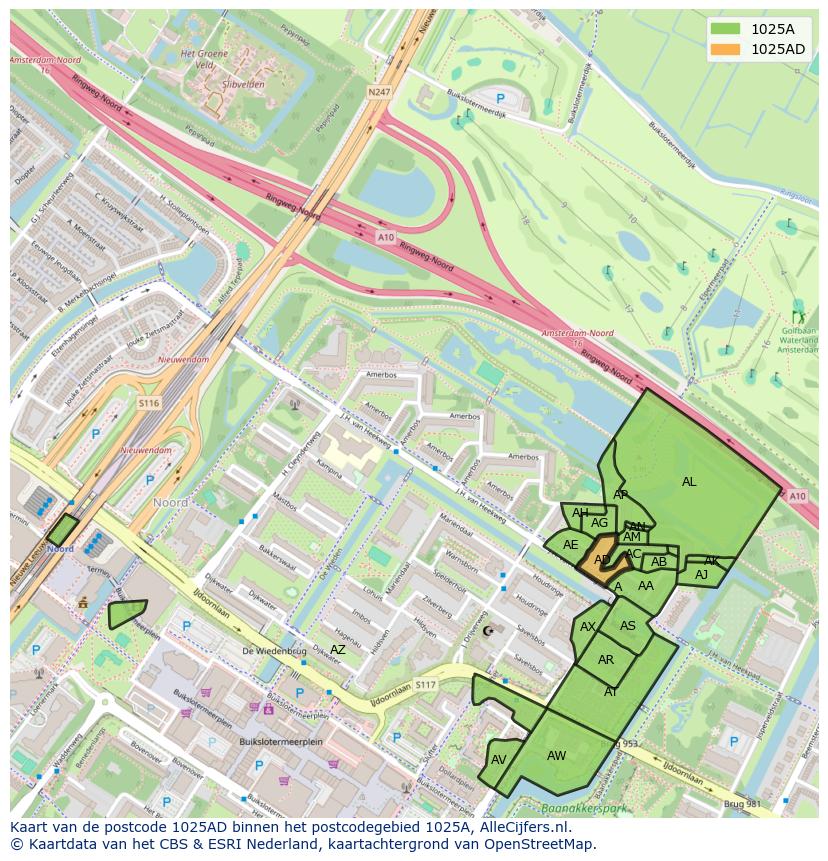 Afbeelding van het postcodegebied 1025 AD op de kaart.