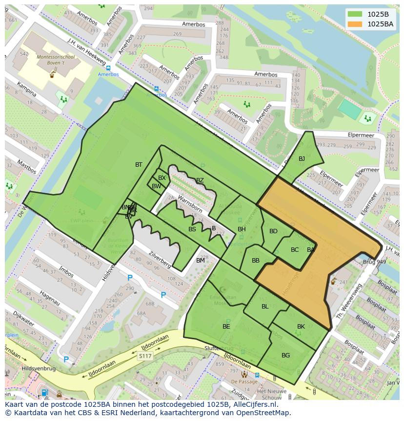 Afbeelding van het postcodegebied 1025 BA op de kaart.