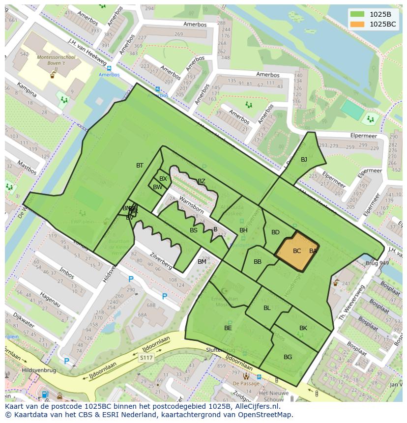 Afbeelding van het postcodegebied 1025 BC op de kaart.