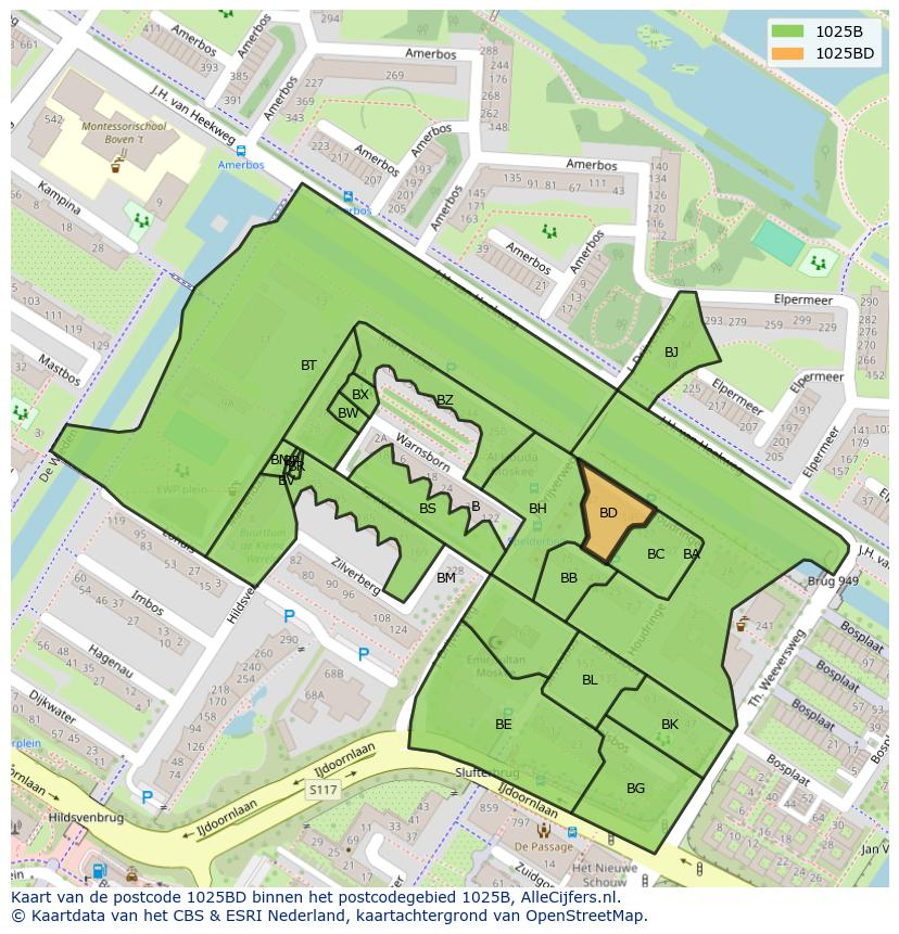 Afbeelding van het postcodegebied 1025 BD op de kaart.