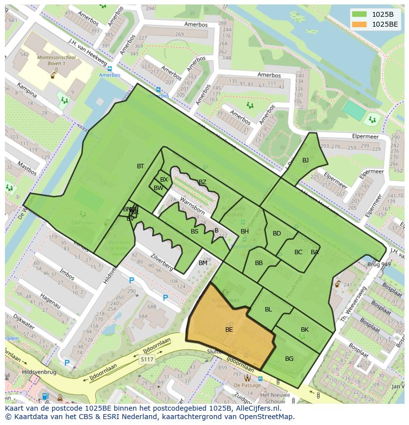 Afbeelding van het postcodegebied 1025 BE op de kaart.
