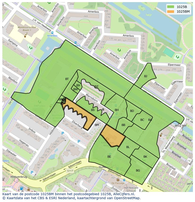 Afbeelding van het postcodegebied 1025 BM op de kaart.
