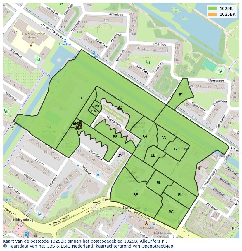 Afbeelding van het postcodegebied 1025 BR op de kaart.