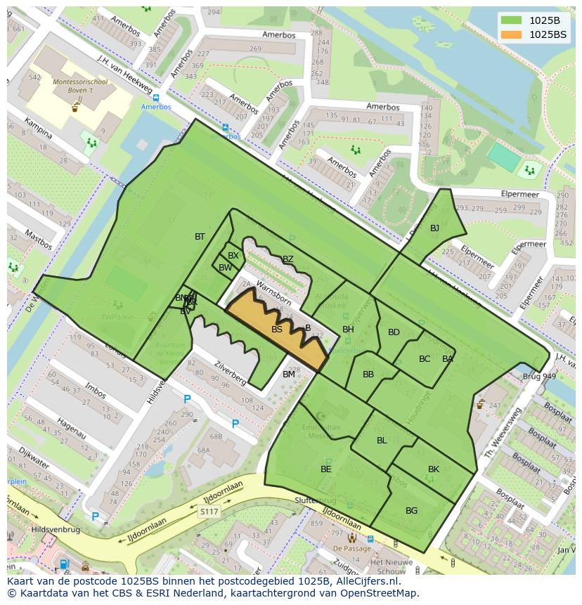 Afbeelding van het postcodegebied 1025 BS op de kaart.