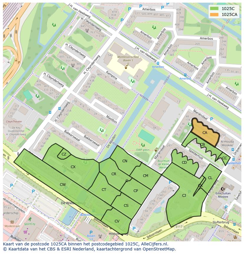 Afbeelding van het postcodegebied 1025 CA op de kaart.