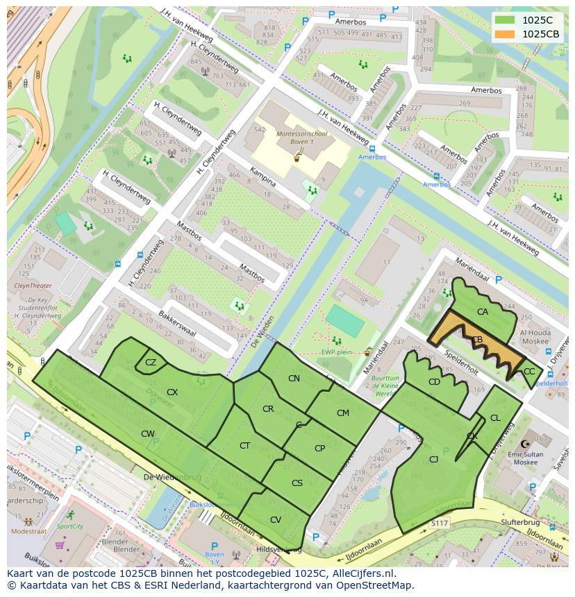 Afbeelding van het postcodegebied 1025 CB op de kaart.