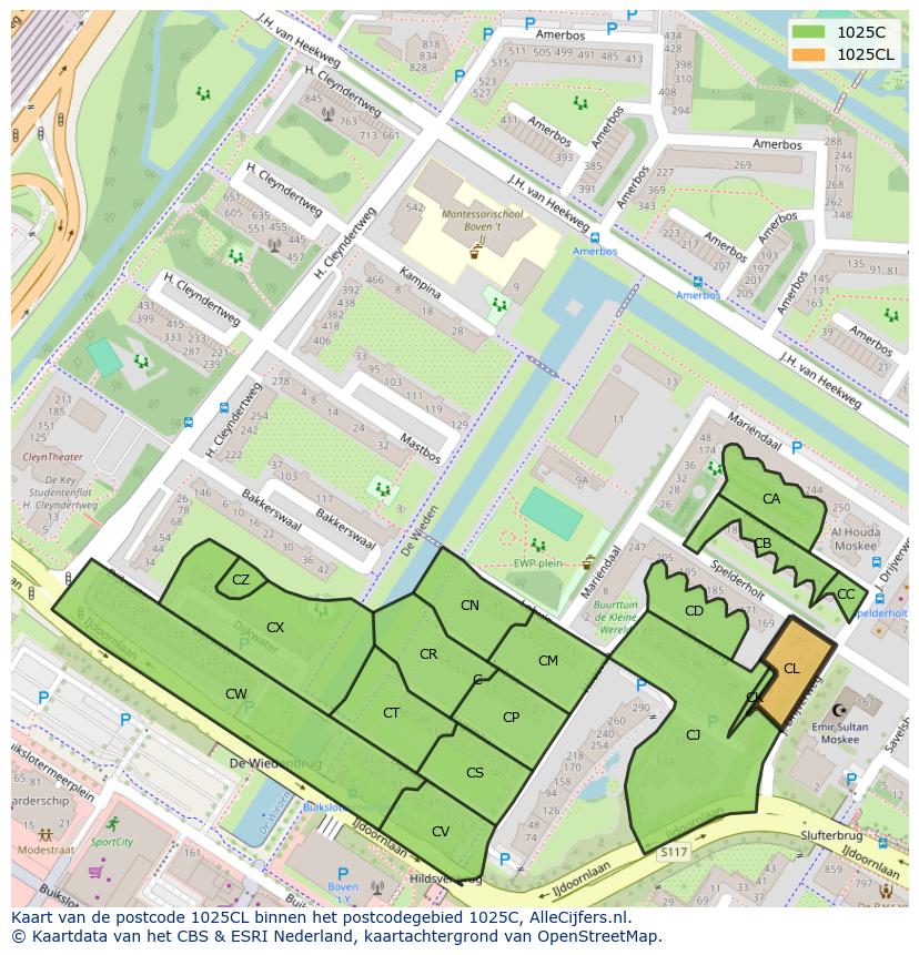 Afbeelding van het postcodegebied 1025 CL op de kaart.