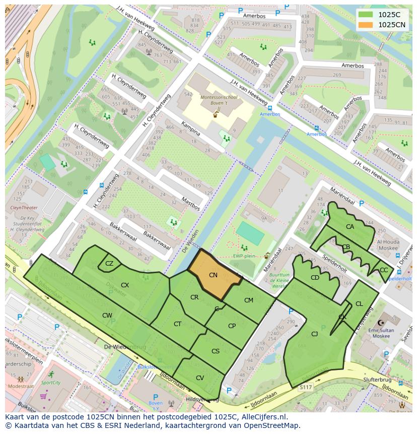 Afbeelding van het postcodegebied 1025 CN op de kaart.
