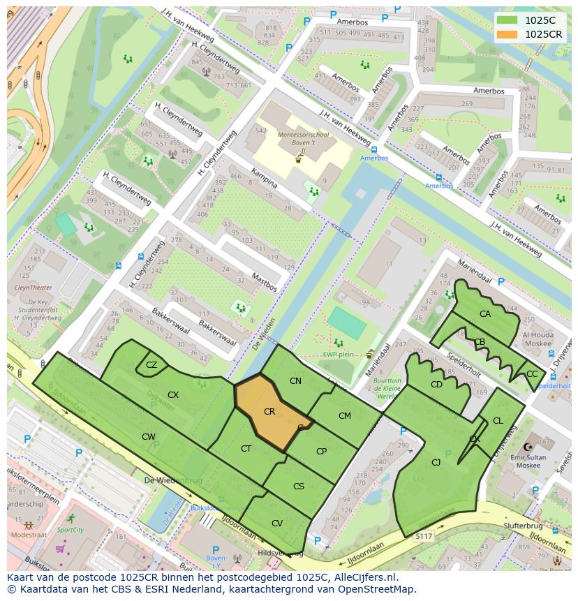 Afbeelding van het postcodegebied 1025 CR op de kaart.