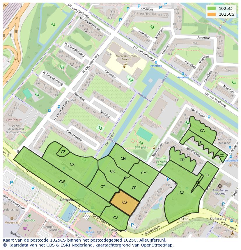 Afbeelding van het postcodegebied 1025 CS op de kaart.