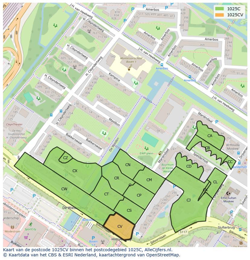Afbeelding van het postcodegebied 1025 CV op de kaart.