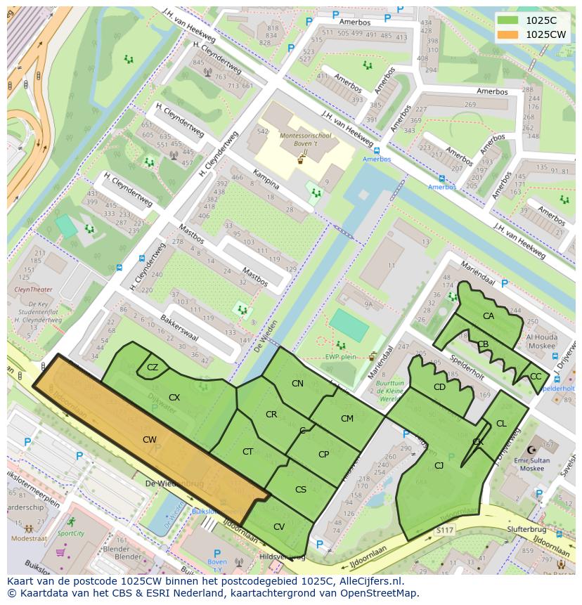 Afbeelding van het postcodegebied 1025 CW op de kaart.