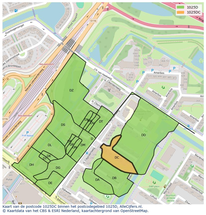 Afbeelding van het postcodegebied 1025 DC op de kaart.