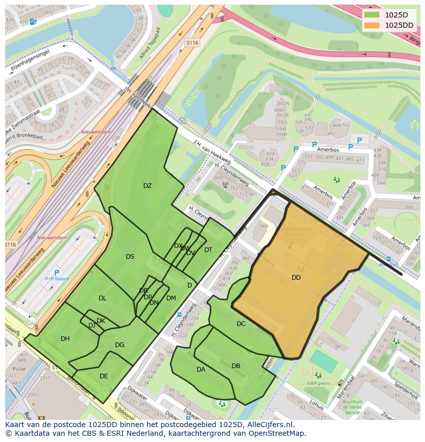 Afbeelding van het postcodegebied 1025 DD op de kaart.