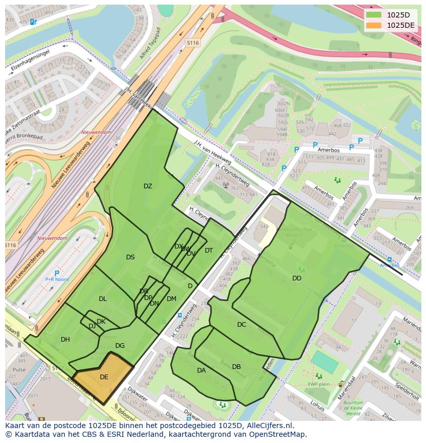 Afbeelding van het postcodegebied 1025 DE op de kaart.