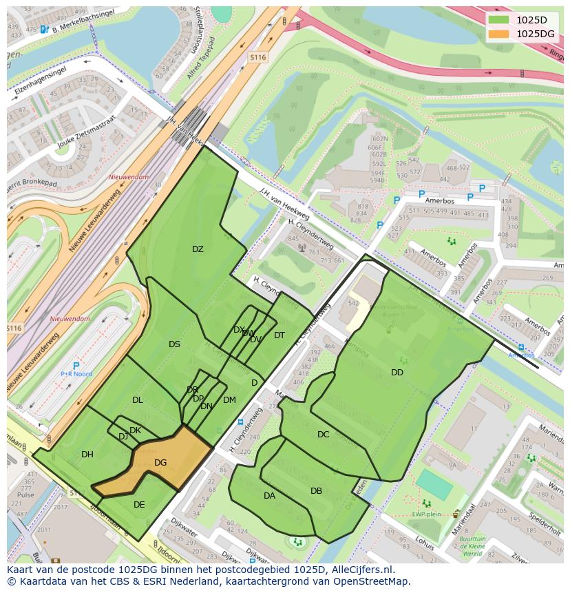 Afbeelding van het postcodegebied 1025 DG op de kaart.