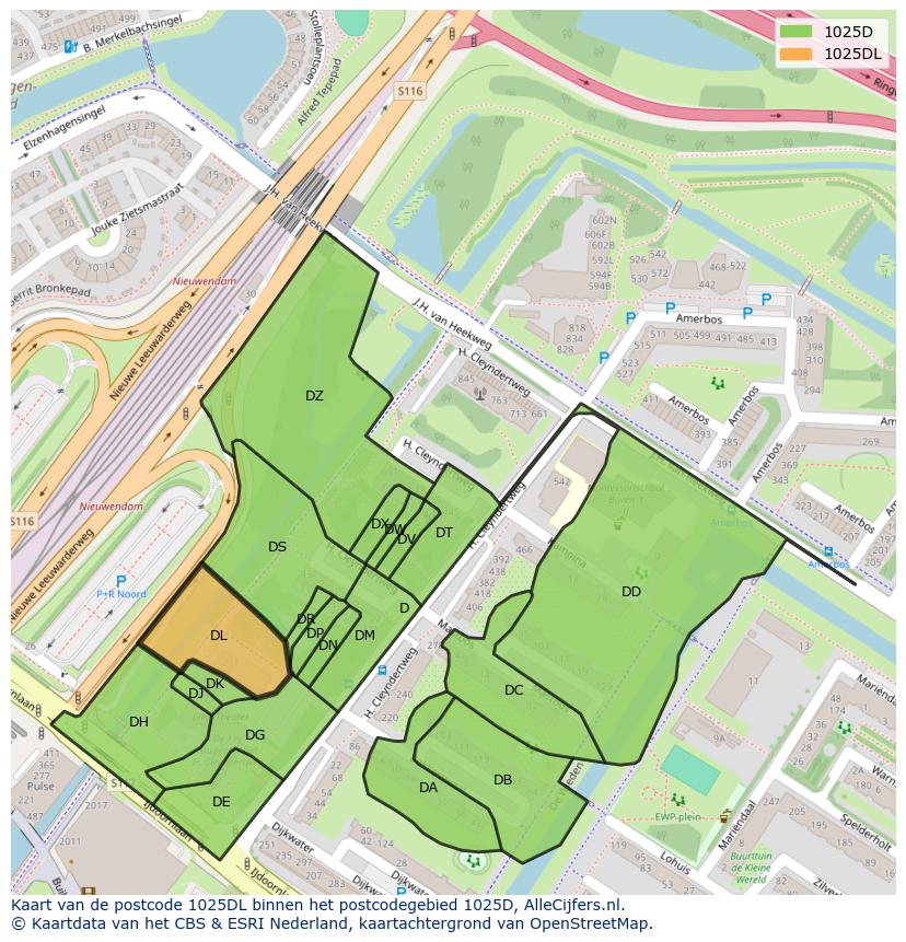 Afbeelding van het postcodegebied 1025 DL op de kaart.