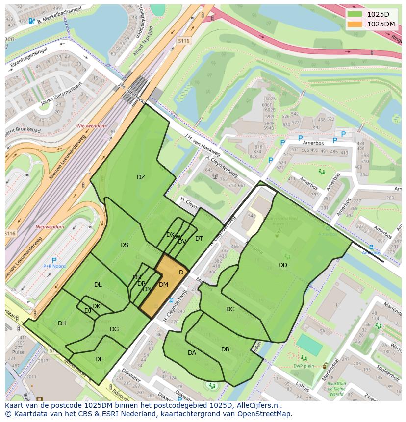 Afbeelding van het postcodegebied 1025 DM op de kaart.